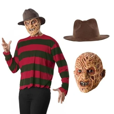 Image of My Illusions Adults Freddy Krueger Sweater + Mask Hat Halloween Horror Mens Fancy Dress Costume Set (Large 46 48&quot; Chest)