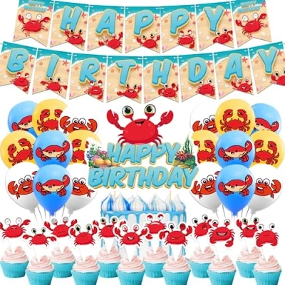 Image of Crab Birthday Party Decorations Supplies Includes Happy Banner Balloons Cake Topper Cupcake Toppers for Party, Seafood Ocean