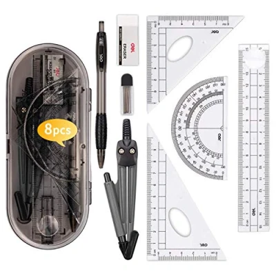 Image of 8 Pcs Maths Set Geometry Compass Sets Exam Stationery Pencil Case Math Kit Educational Supplies Drawing and Protractor Set, Lead Refills, Pencil, Eraser, Rulers for School