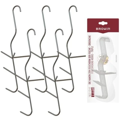 Image of Browin 311302 Fish Hooks for Smoking with Three Tips, Rustproof, Resistant to High Temperature, 5 Pieces, Grey, x 8 19 cm