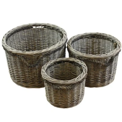 Image of JVL Chunky Willow Round Set of 3 Storage Baskets with Handles Home Kitchen