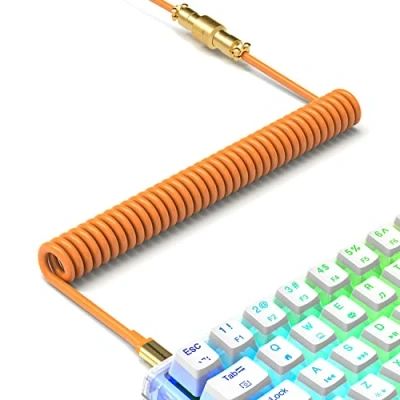Image of XINMENG C02 Coiled Keyboard Cable, Pro Custom USB C Aviator Cable for Mechanical Keyboard, Type to A, TPU Spring with 24K Gold Detachable Metal Aviation Connector PC Orange