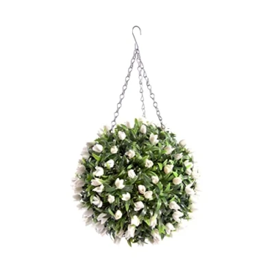 Image of Best Artificial TULIP Flower Ball Lush Long Leaf Topiary Grass (28cm, White)