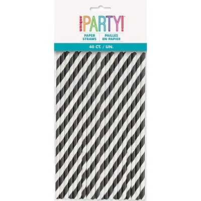 Image of Stylish Black Striped Paper Straws Perfect for Birthday Parties &amp; Everyday Use 40ct