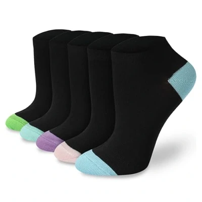 Image of Socksmad Ladies Trainer Socks Size 4 7 Coloured Heel &amp; Toe Black Multipack Womens Sports Cotton Rich, Summer Liners Gifts for Her 5 Pair Pck PK4