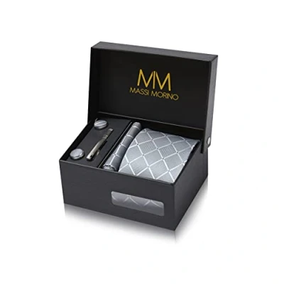 Image of Massi Morino Tie and Pocket Square Set Men incl. Cufflinks, Pin Gift Box Men&#039;s grey for Wedding
