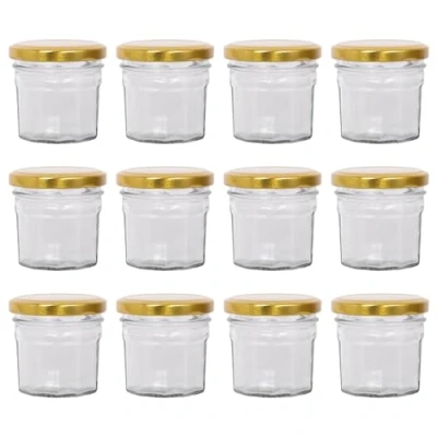 Image of Argon Tableware Glass Jam Jars with Airtight Gold Lids 90ml Pack of 12 Empty Screw Top Kitchen Storage Jar for Food, Honey, Spice, Pickling, Preserving, Candle Making
