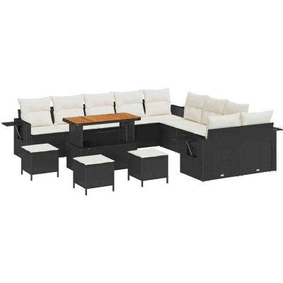 Image of vidaXL 14 Piece Garden Sofa Set with Cushions Black Poly Rattan Acacia