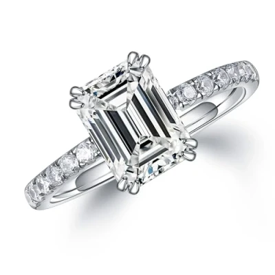 Image of MOOSEA Emerald Cut Moissanite Engagement Rings for Women, 2ct D Color VVS1 Clarity Lab Created Diamond 14K White Gold Vermeil Double Claw Solitaire Women Size 4 11