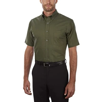 Image of Van Heusen Men&#039;s Short Sleeve Dress Shirt Regular Fit Oxford Solid, Dark Green, 14.5&quot; 15&quot; Neck