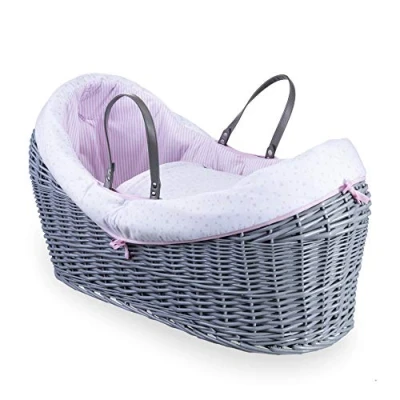 Image of Clair de Lune Stars &amp; Stripes Wrapover Grey Wicker Noah Pod Integrated Hood Includes Handles, Coverlet, Padded Liner and Hypoallergenic Mattress Suitable from Birth 76 x 29 45 cm (Pink)