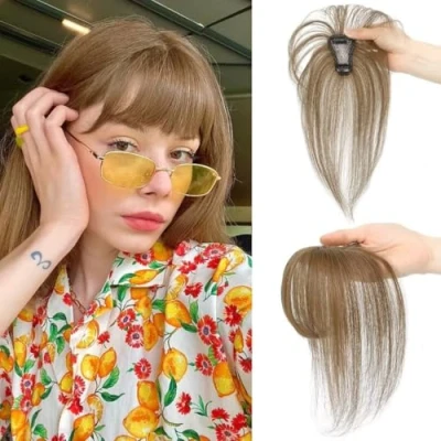 Image of Clip in Bangs, Fringe Human Hair, Real Hair Extensions, on Air Bangs for Women Hairpieces Curved Daily Wear, A, light brown