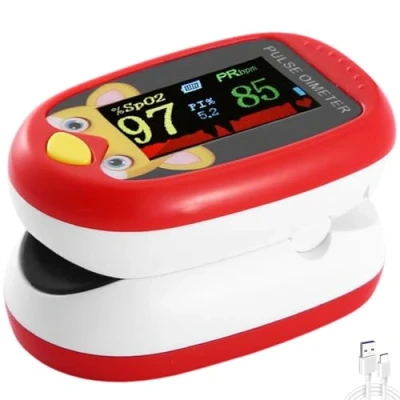 Image of Pediatric Pulse Oximeter Blood Oxygen Saturation Monitoring CE FCC Approved Heart Rate Stats Detector NHS Children Finger Kids SpO2 Levels Monitor TFT Lanyard &amp; USB (Red Oximeter)