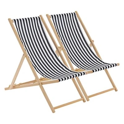 Image of Harbour Housewares Folding Wooden Deck Chairs Black Stripe Pack of 2 Adults Traditional Foldable Reclining Outdoor Canvas Sun Lounger Chair Seat for Garden Patio, Beach, Camping