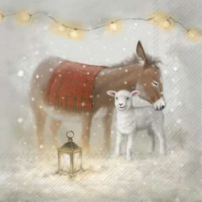 Image of 20 Napkins Christmas Donkey and Lamb on Lantern as Table Decoration Paper with Motif Also for Decoupage 33 x cm