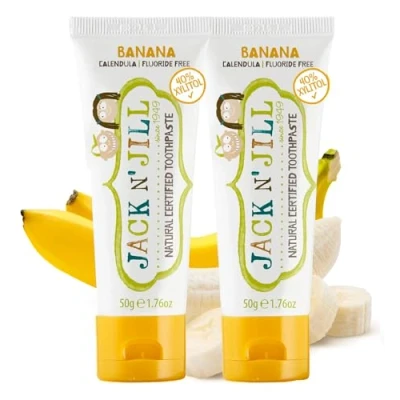Image of Jack N&#039; Jill Natural Certified Toothpaste Baby &amp; Toddler Toothpaste, Fluoride Free, 40% Xylitol, Sugar Safe for 6 Months and Up, Makes Tooth Brushing Fun, Organic Banana Flavour, 2 x 50g