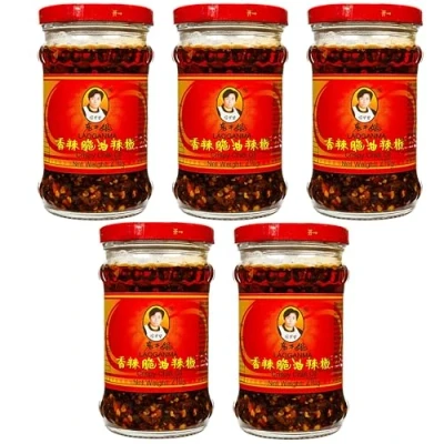 Image of Lao Gan Ma Crispy Chilli Oil (210g) Laoganma Spicy Chili Crisp Hot Sauce Jar Savoury Crunchy Texture Versatile Condiment Ideal for Noodles, Dipping, Stir Fry Gastro Group ® (5 x 210g)