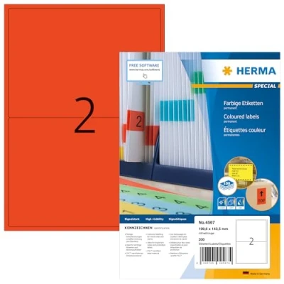 Image of HERMA Self Adhesive Coloured Labels, 2 Labels per A4 Sheet, 100 Sheets, 199.6 x 143.5 mm, 200 Blank Colour Stickers, Sticky for Laser &amp; Inkjet Printer, Red