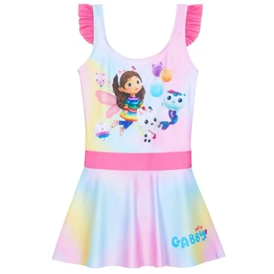 Image of Get Trend Gabby’s Dollhouse One Piece Girls Swimming Costume Swim Dress Stretchy Swimsuit Comfy Teenagers Swimwear for Beach Pool Holiday Essentials (6 7 Years, Multi Dollhouse)