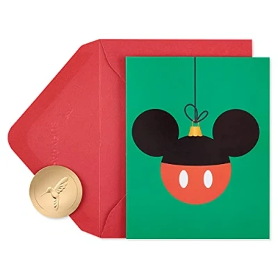 Image of Papyrus Disney Christmas Cards Boxed with Envelopes, Happiest and Merriest, Glitter Free Mickey Mouse Ornament (20 Count)
