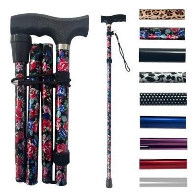 Image of Life Healthcare Walking Stick for Women, Elderly Or Disabled, Folding Adjustable Height, Black Floral Colour Pattern, Right Left Handed, Non Slip Rubber Tip, Wrist Strap, Lightweight