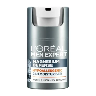 Image of L&#039;Oreal Men Expert Sensitive Skin Moisturiser, Magnesium Defence, Hypoallergenic 24H Daily Mens With Mineral And Hyaluronic Acid, 50ml