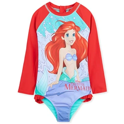 Image of Disney Girls One Piece Swimsuit, Long Sleeve Swimming Costume Gifts (Red Ariel, 7 8 Years)
