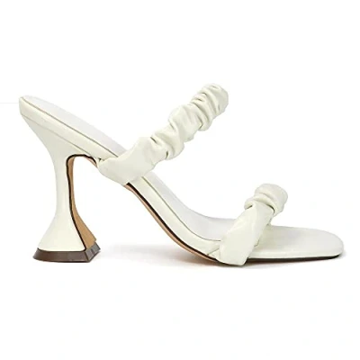 Image of Womens High Heel Sandals Ladies Ruched Straps Slip On Square Toe Heeled Mule Shoes Size 3 8 White Synthetic Leather