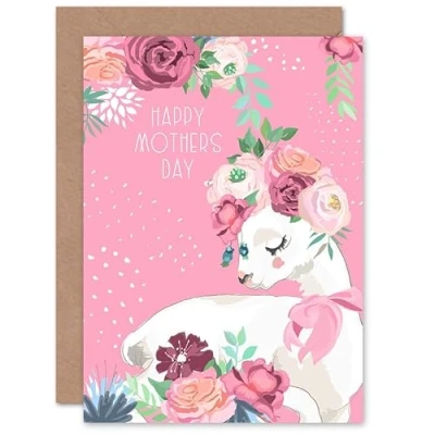 Image of Wee Blue Coo Pink Happy Mothers Day Llama with Rose Flowers Sealed Greeting Card Plus Envelope Blank inside