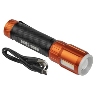 Image of KLEIN TOOLS Rechargeable LED Flashlight with Worklight, 500 Lumens, USB Charging Cable, Pocket Clip, Battery Life Indicator, Magnetic 56412, Orange/Black
