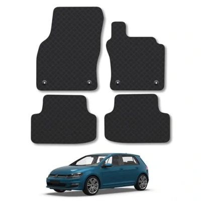 Image of Rubber Car Mats Compatible with VW Golf Mk7 (2013 2019) Ami Tailored Fit Floor Set Accessory Black Custom 4 Pieces Clips Anti Slip Backing, Heavy Duty &amp; Waterproof