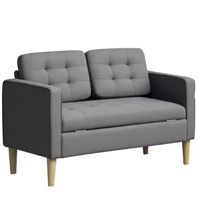 Image of HOMCOM Modern 2 Seater Sofa with Hidden Storage, 117cm Tufted Cotton Couch Wood Legs, Compact for Living Room, Grey