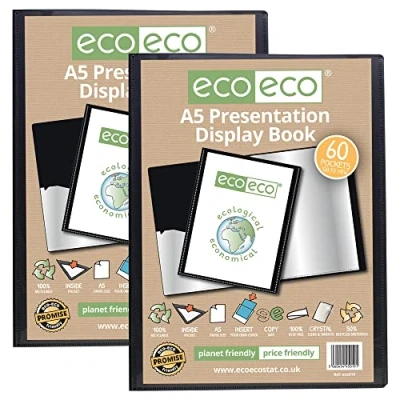 Image of eco A5 Size 50% Recycled 60 Pocket Black Presentation Display Book, Storage Case Portfolio Art Folder with Plastic Sleeves, eco019x2, (Pack of 2 Books)
