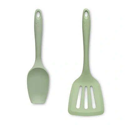 Image of Zeal JSET12G Non Stick Silicone Large Spatula Spoon &amp; Turner 2 Piece Set Sage Green