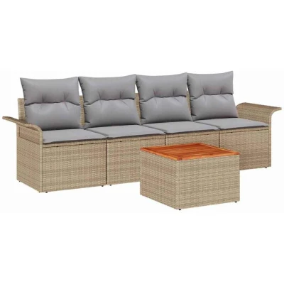 Image of vidaXL 5 Piece Garden Sofa Set with Cushions Beige Poly Rattan Acacia