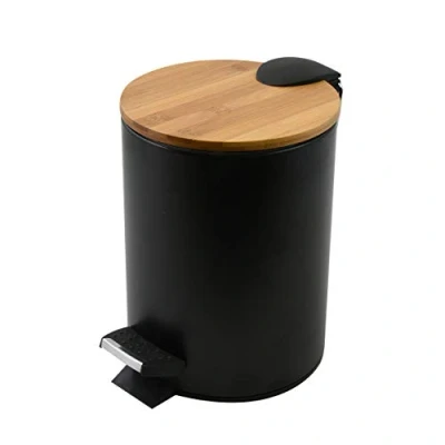 Image of Spirella Adonis Cosmetic 5 litres Stainless Steel Bamboo Mechanism and Inner Bucket Bathroom Soft Close Waste Bin Black