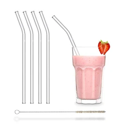 Image of Halm Glass Drinking Straws Reusable Sippers 4 Pieces Curved 23 cm + Plastic Free Cleaning Brush Transparent Tubes