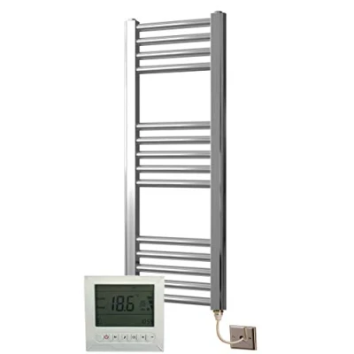 Image of Greened House Electric Chrome 300W x 800H Flat Towel Rail + Timer and Room Thermostat Bathroom Rails