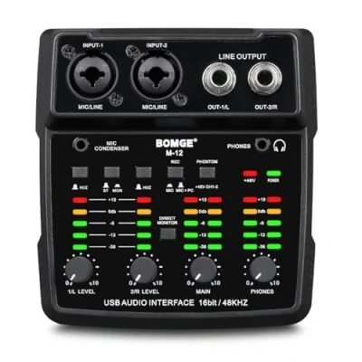 Image of BOMGE M12 USB Audio Interface, 2 Channel Mixer, XLR/3.5mm Input, 48V Power Supply, Sound Card for PC Recording, Studio, Live Show, Karaoke, Plug&amp;Play