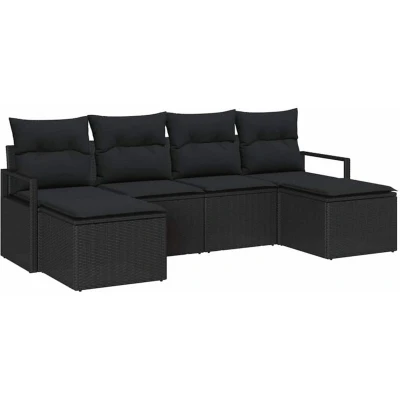 Image of vidaXL 6 Piece Garden Sofa Set with Cushions Black Poly Rattan