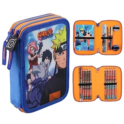 Image of Naruto Pencil Case with Stationery Included School Supplies Filled Large 2 Compartments Colouring Pencils Mini Notebook Boys Set Anime Gifts for