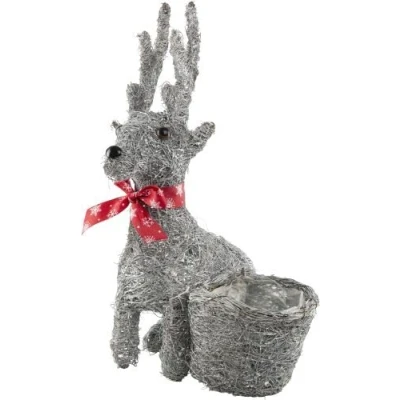 Image of Fargro Christmas Plant Pot Festive Xmas Planter with Lining Paper Home Decoration Cover Decor Wicker Ornaments (Whitewashed Sitting Reindeer Bow Scarf)