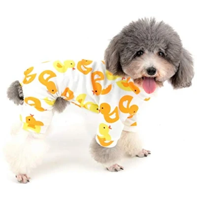 Image of Zunea Small Dog Jumpsuit Overalls Pyjamas Soft Cotton Rompers Puppy Sleeping Clothes Adorable Yellow Duck Printed Four Legs Pjs Apparel for Pet Cats Pups L