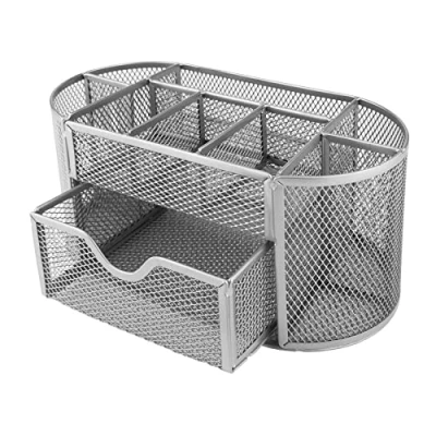 Image of D.RECT Desk Organiser, Pen Holder, Table Organiser Made of Metal, Office Tray with Note Holder Mesh, 350 x 297 275 mm, Silver