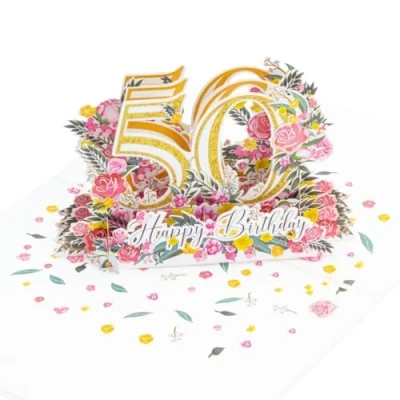 Image of Three Dee Cards. Happy 50th Birthday Pop up Greeting Card, 3D For Wife Husband Partner Boyfriend Girlfriend Mum Dad Son Daughter Sister Brother Friend Her Him Fiftieth