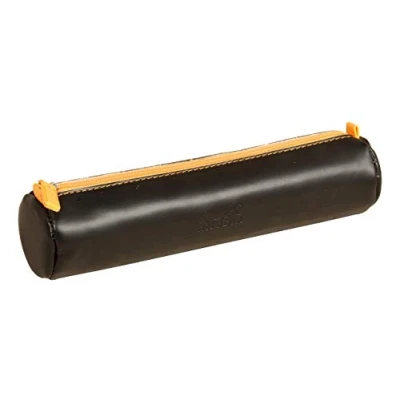 Image of RHODIA 318892C Rhodiarama Black Round Pencil Case 21.5 x 5.5 cm Genuine Orange Stitching Ivory Jersey Interior Faux Leather Storage for Pens, Pencils, Markers, Small Supplies