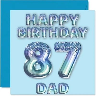 Image of 87th Birthday Card for Dad Blue Glitter Party Balloons Happy Cards 87 Year Old Father from Son Daughter, 145mm x Bday Greeting Gift