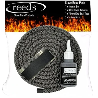 Image of Black Stove Rope Kit 6mm x 2m Long with Reeds Adhesive Flues Glass Door Seals