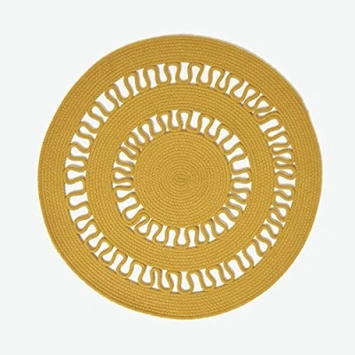 Image of HOMESCAPES Mustard Yellow Crochet Rug Handwoven Cotton Braided Mat Reversible 90 cm Round for Living Room &amp; Bedroom