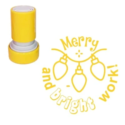 Image of Merry and Bright Work! Christmas Fun Teacher Stamp. 22mm Reinkable, Yellow Ink *